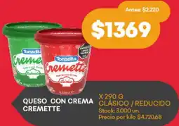 Supermercados Tadicor QUESO CON CREMA CREMETTE x 290G oferta