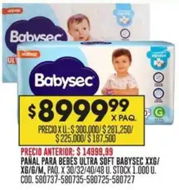 Coto PAÑAL PARA BEBES ULTRA SOFT BABYSEC XXG/ XG/G/M, PAQ. X 30/32/40/48 U oferta