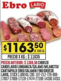 Coto CHORIZO CANDELARIO/LONGANIZA/SALAME/MILANCITO/ CANTIMPALO EBRO/SALAMIN FINO/GRUESO LARIO X 100G oferta