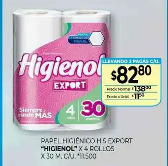 La Anonima Papel Higiénico H.s Export Higienol X 4 Rollos x 30m oferta
