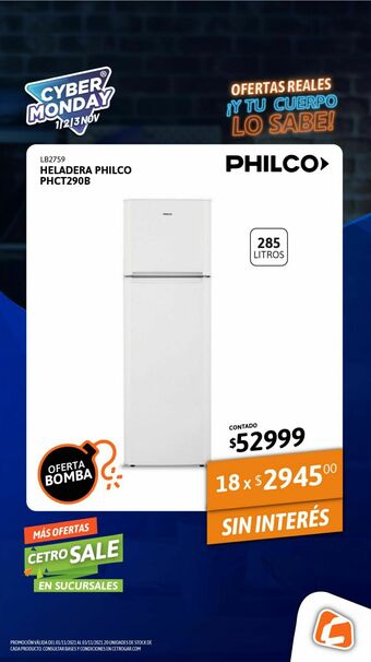 Cetrogar Heladera philco phct290b 285 litros oferta
