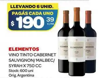Carrefour Maxi Elementos Vino Tinto Cabernet Sauvignon Malbec Syrah 750cc oferta