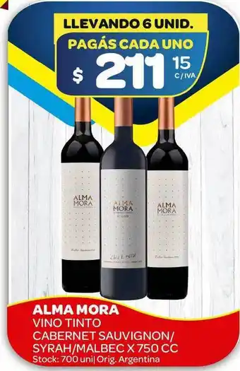 Carrefour Maxi Alma Mora Vino Tinto Cabernet Sauvignon Syrah Malbec 750cc oferta