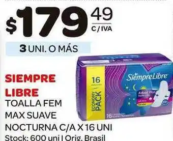 Carrefour Maxi Siempre Libre Toalla Fem Max Suave Nocturna C/A x 16uni oferta