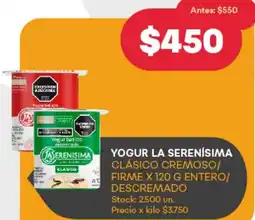 Supermercados Tadicor YOGUR LA SERENISIMA CLÁSICO CREMOSO/ FIRME X 120 G ENTERO/ DESCREMADO oferta