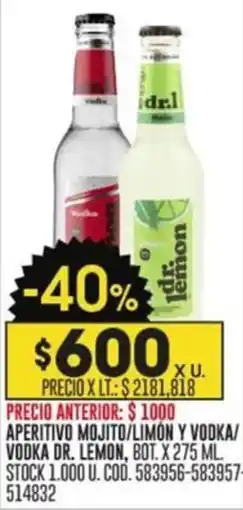 Coto APERITIVO MOJITO/LIMÓN Y VODKA/ VODKA DR. LEMON, BOT. X 275 ML. oferta