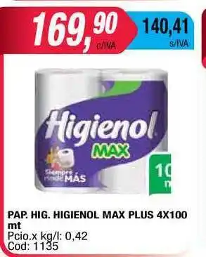 Maxiconsumo Pap. Hig. Higienol Max Plus 4x100mt oferta