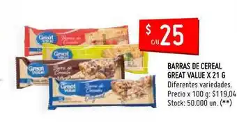 Walmart Barras De Cereal Great Value Diferentes Variedades x 21g oferta