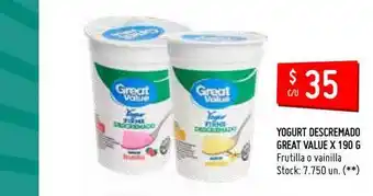 Walmart Yogurt Descremado Great Value Frutilla O Vainilla x 190g oferta