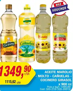 Maxiconsumo ACEITE MAROLIO MOLTO - CAÑUELAS - COCINERO GIRASOL x 900cc oferta