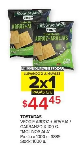 Carrefour Molinos Ala Tostadas Veggie Arroz + Arveja / Garbanzo x 100g oferta
