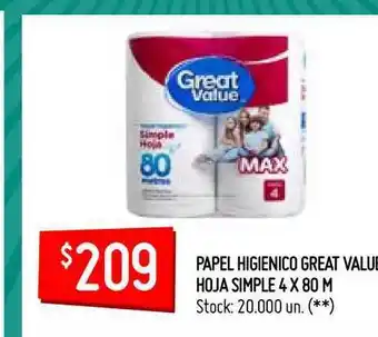 Walmart Papel Higienico Great Value Hoja Simple 4 x 80m oferta