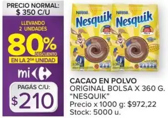 Carrefour Nesquik Cacao En Polvo Original Bolsa x 360g oferta