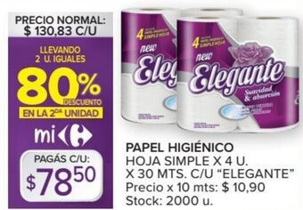 Carrefour Elegante Papel Higiénico Hoja Simple x 4 U. x 30 Mts. c/u oferta