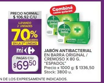 Carrefour Espadol Jabón Antibacterial En Barra Original/ Cremoso x 80g oferta
