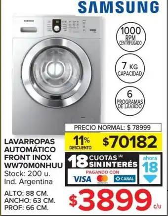 Carrefour Samsung Lavarropa Automático Front Inox WW70MONHUU oferta