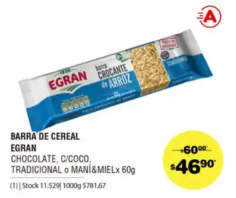 Atomo Conviene Barra De Cereal Egran Chocolate C/Coco, Tradicional o Maní&Miel x 60g oferta