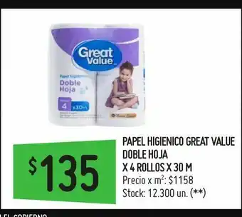 Changomas Papel higienico great value doble hoja x 4 rollos x 30 m oferta