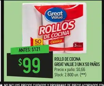 Changomas Rollo de cocina great value 3 un x 50 paños oferta