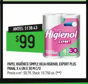 Changomas Papel higiénico simple hoja higienol export plus panal x 4 un x 30 m c/u oferta