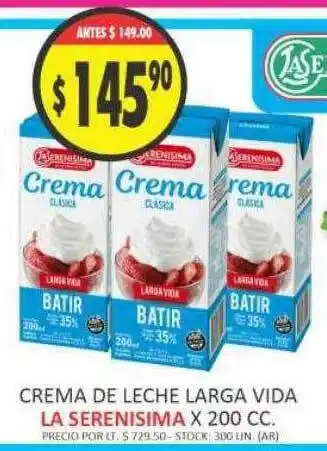 Supermercados Becerra Crema De Leche Larga Vida La Serenisima x 200cc oferta