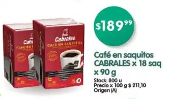 Supermercados Buenos Días Cabrales Café en saquitas x 18 saq x 90g oferta