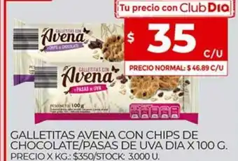Supermercados DIA Galletitas Avena Con Chips De Chocolate/Pasas De Uva dia x 100g oferta