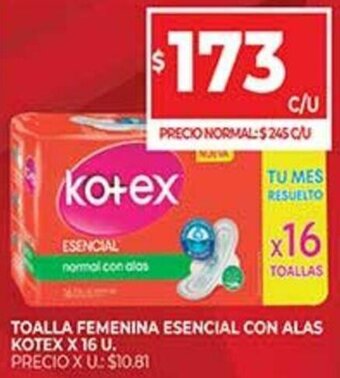 Supermercados DIA Toalla Femenina Esencial Con Alas Kotex x 16 U. oferta