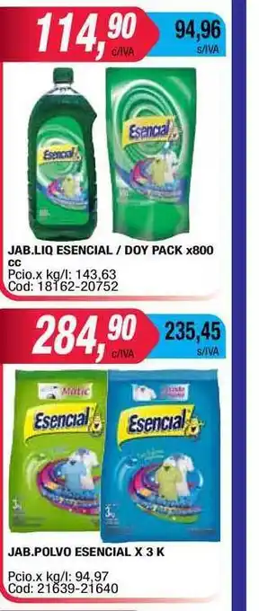 Maxiconsumo Esencial Jabon Liquido / Esencial Jabon Polvo Doy Pack x 800cc oferta