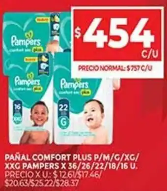 Supermercados DIA Pañal Comfort Plus P/M/G/XG/XXG Pamper x 36/26/22/18/16 U. oferta