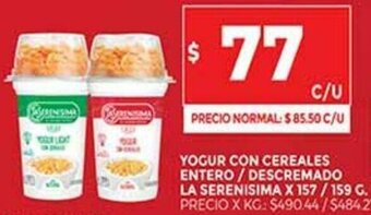 Yogur Con Cereales Entero/Descremado La Serenisima x 157 / 159 G.