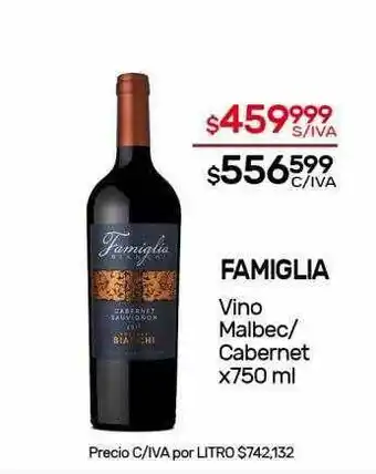 Nini Mayorista Famiglia Vino Malbec Cabernet x 750ml oferta