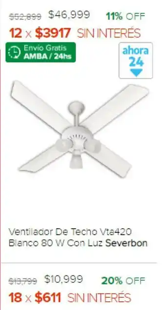 Severbon Ventilador De Techo Vta420 Blanco 80W Con Luz