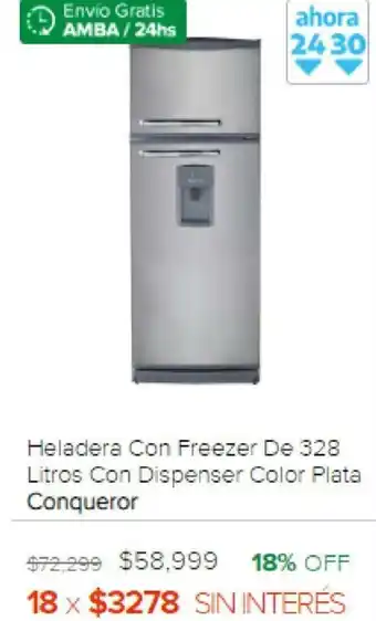 Megatone Conqueror Heladera Con Freezer De 328 Litros Con Dispenser Color Plata oferta