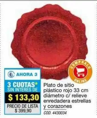 Rio Shop Deco Plato De Sitio Plástico Rojo 33 Cm Diámetro C Relieve Enredadera Estrellas Y Corazones oferta