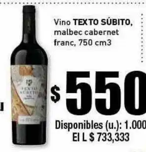 Cooperativa Obrera Vino Texto Súbito Malbec Cabernet Franc 750cm3 oferta