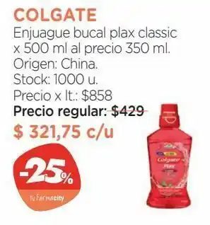 Farmacity Enjuague bucal plax classic x 500 ml al precio 350 ml. oferta