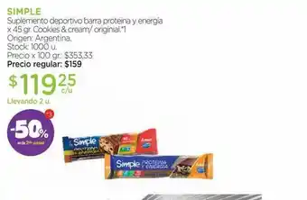 Farmacity Simple Suplemento Deportivo Barra Proteina Y Energia -50% Dto En La 2da Unidad oferta