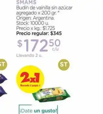 Farmacity Smams Budin De Vainilla Sin Azúcar Agregado x 200gr oferta