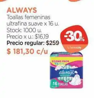 Farmacity Always Toallas Femeninas Ultrfina Suave x 16u oferta