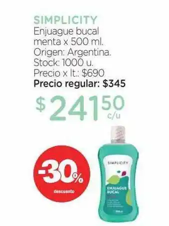 Farmacity Simplicity Enjuague Bucal Menta x 500ml oferta