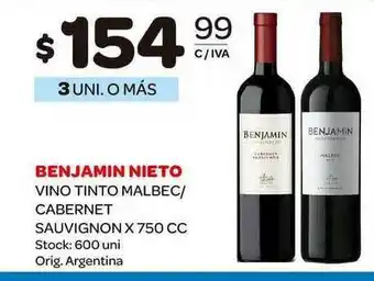 Carrefour Maxi Benjamin Nieto Vino Tinto Malbec - Cabernet Sauvignon 750cc oferta