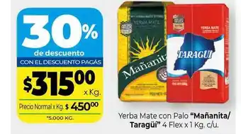 La Anonima Yerba Mate Con Palo Mañanita Taragüi 4 flex x 1kg oferta