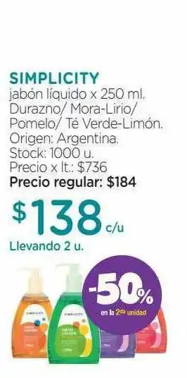 Farmacity Simplicity Jabón Líquido x 250ml oferta
