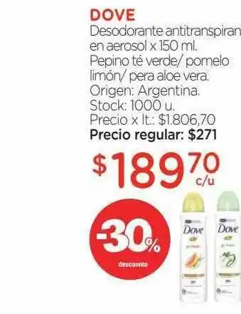 Farmacity Dove Desodorante Antitranspirante En Aerosol Pepino Té Verde Pomelo Limón Pera Aloe Vera x 150ml oferta