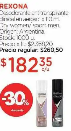 Farmacity Rexona Deodorante Antitranspirante Clinical En Aerosol Dry Women Sport Men x 110ml oferta