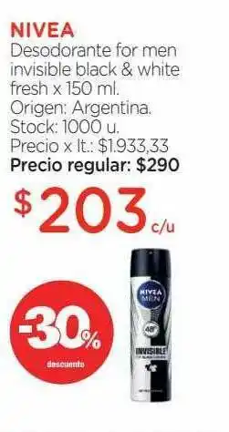 Farmacity Nivea Desodorante For Men Invisible Black & White Fresh x 150ml oferta