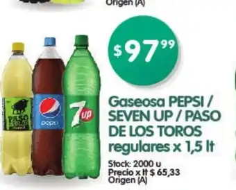 Supermercados Buenos Días Seven uo/Paso De Los Toros Gaseosa Pepsi regulares 1,5lt oferta