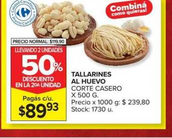 Carrefour Tallarines Al Huevo Corte Casero x 500g oferta