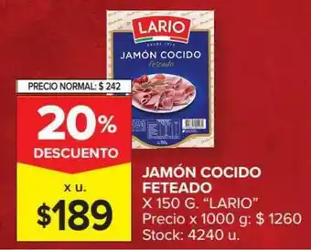 Carrefour Jamón Cocido Feteado Lario x 150g oferta